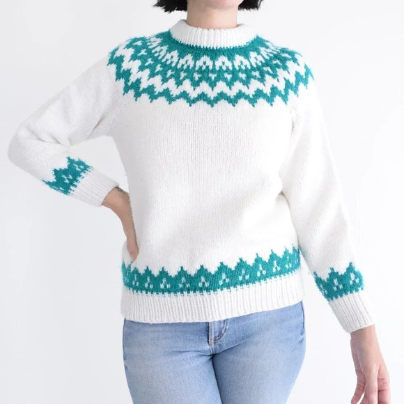Vintage Cream Knit w Teal Cowichan Fair Isle Icelandic Fisherman Sweater M - Picture 1 of 12